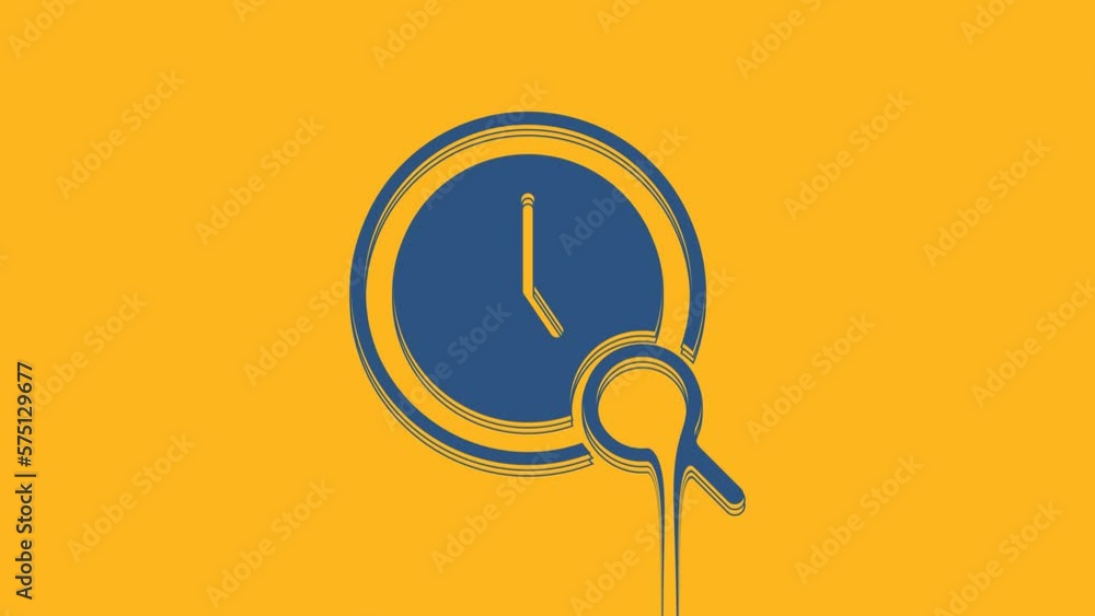 Poster Blue Magnifying glass with clock icon isolated on orange background. Clock search. 4K Video motion graphic animation