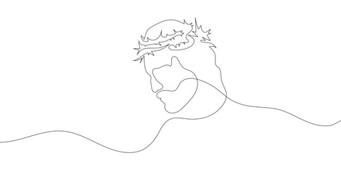 Continuous one line drawing of Jesus Christ with crown of thorns. Linear background.