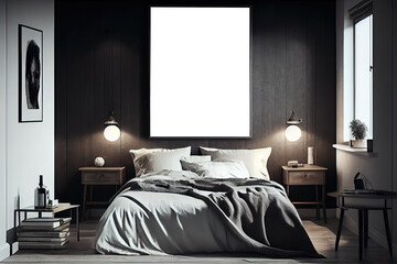 Interior picture, poster mockup in modern bedroom in loft style. Vertical big wall art mock-up hanging over bed with pillows and blanket. Generative AI