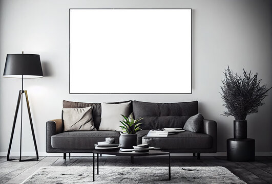 Interior poster frame, horizontal wall art mock-up over cozy black couch in modern brutal stylish living room with floor lamp, plant in pot, coffee table. Generative AI