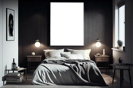 Interior picture, poster mockup in modern bedroom in loft style. Vertical big wall art mock-up hanging over bed with pillows and blanket. Generative AI