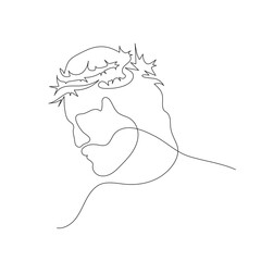 Continuous one line drawing of Jesus Christ with crown of thorns. Linear background.