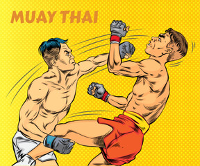 Muay Thai, Thai boxing, martial arts. Vector illustration. Pop art retro comic.	