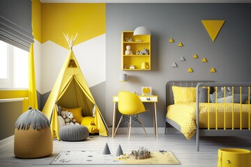 bright kid's bedroom interior with wooden furniture, Interior Design 3d Illustration Created by Generative A