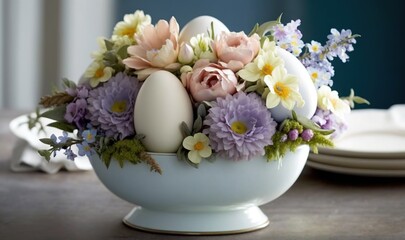 Obraz na płótnie Canvas a bowl of flowers and an egg on a table with plates. generative ai