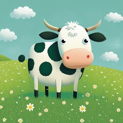Illustration of a cow in a green field
