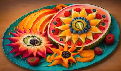  a painting of fruit on a plate on a wooden table.  generative ai