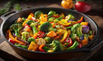  a skillet filled with vegetables on a wooden cutting board.  generative ai