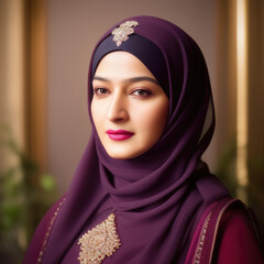 young muslim girl wearing purple hijab indian pakistani model, Generative AI - obrazy, fototapety, plakaty
