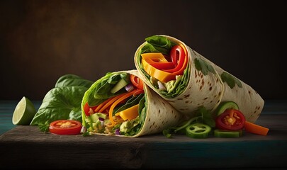  a tortilla wrap is stacked with vegetables and sliced tomatoes.  generative ai