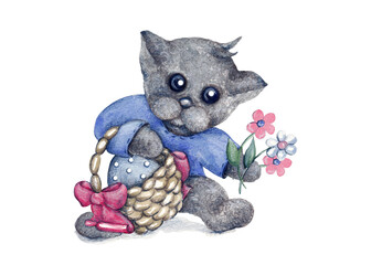 Gray cat with an egg in a basket. Cartoon character. Easter composition. Isolated illustration for your design in mixed media: watercolor and colored pencils