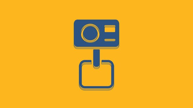 Blue Action extreme camera icon isolated on orange background. Video camera equipment for filming extreme sports. 4K Video motion graphic animation