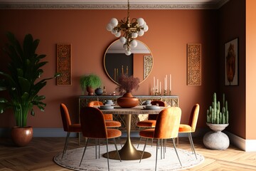 Stylish chair at the wooden dining table in trendy dining room interior, Interior Design 3d Illustration Created by Generative AI