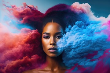 ethnic woman surrounded by colorful clouds. Generative AI - obrazy, fototapety, plakaty