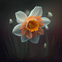one white narcissus flower on a dark background. generative ai