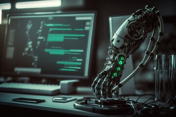 Close Up of a Futuristic Prosthetic Robot Arm Stands on a Desk in a High Tech Research Laboratory. AI generation