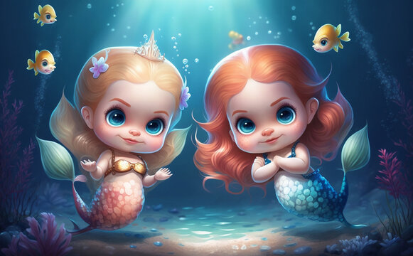 Two mermaids with big eyes and a fish underwater
