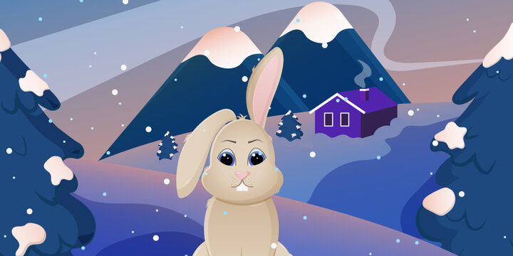 Rabbit in winter. Brown rabbit in the forest. Winter landscape. Mountain design. Sunset. Evening winter. Vector flat illustration