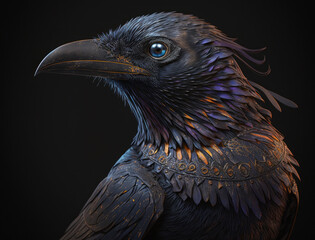 Colorful Close-up portrait of evil raven crow with oriental ornament elements Halloween background Generative AI technology