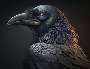 Fototapeta premium Colorful Close-up portrait of evil raven crow Halloween background Generative AI technology
