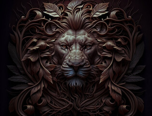 Close-up portrait of Lion in a wooden carved frame with plant elements  background Generative AI technology