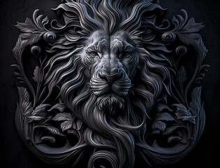 Close-up portrait of Lion in a wooden carved frame with plant elements  background Generative AI technology