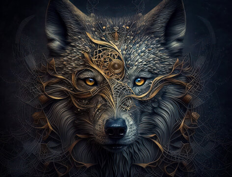 Colorful Close-up portrait of wolf with oriental ornament elements background Generative AI technology