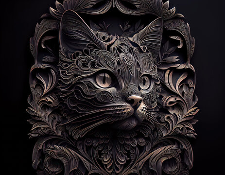 Colorful Close-up portrait of wolf with oriental ornament woodcarving elements background Generative AI technology
