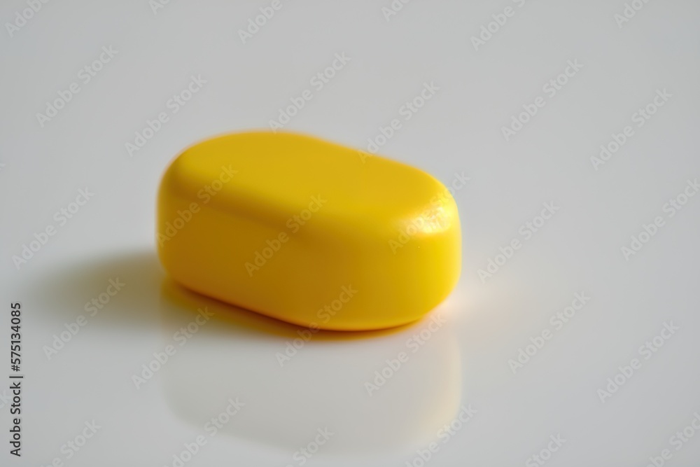 Poster an up-close image of a yellow pill on a white background generative ai