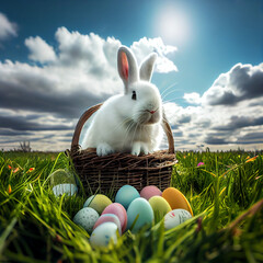 A white rabbit peeking out of an Easter basket filled with eggs surrounded by flowers in a sunny field. Generative AI