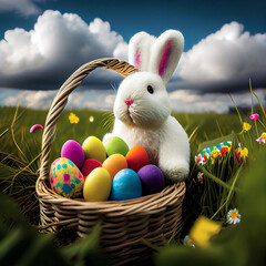 A white rabbit in an Easter basket filled with eggs surrounded by flowers in a sunny field. Generative AI