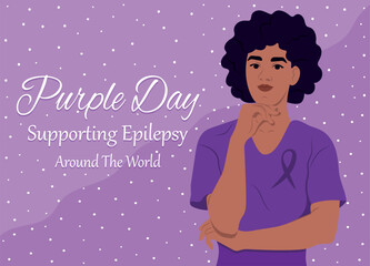 African American woman and symbol of health. Purple day to spread information about support for epilepsy. Epilepsy support. Around the world. Epilepsy awareness tape. Vector flat illustration.