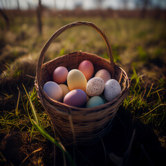 Easter basket with colorful eggs in a field on a sunny day. Generative AI