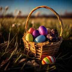 Easter basket with colorful eggs in a field on a sunny day. Generative AI