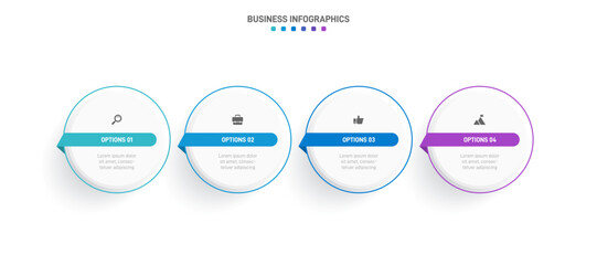 Timeline infographic with infochart. Modern presentation template with 4 spets for business process. Website template on white background for concept modern design. Horizontal layout.