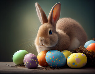 Easter Bunny sitting with eggs. generative AI