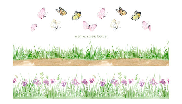 Watercolor background of green grass, spring meadow, wild flowers, seamless border of green grass, leaves, wildflowers. Landscape spring green. PNG files
