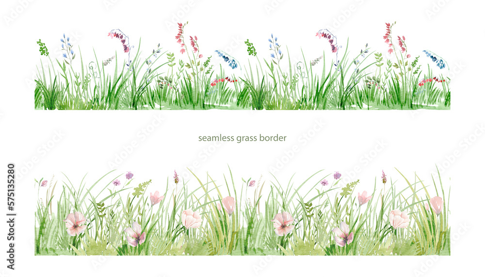 Wall mural watercolor background of green grass, spring meadow, wild flowers, seamless border of green grass, l