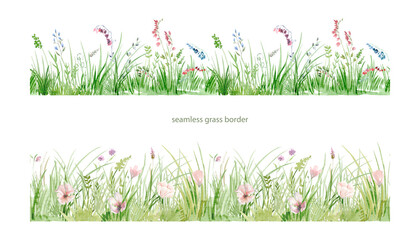 Watercolor background of green grass, spring meadow, wild flowers, seamless border of green grass, leaves, wildflowers. Landscape spring green. PNG files