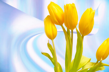 Bouquet of yellow tulips on an abstract blue gradient background.
