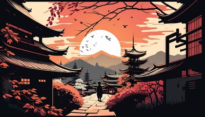Obraz premium Kyoto from japan illustration Abstract colorful Background Landscape of mountains, Sakura trees, and moon illustration, gradient colors, dreamy background, Japanese buildings silhouette foreground.