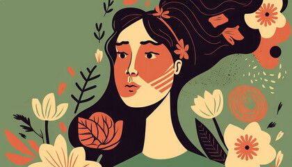 Woman illustration with flower and leafs, international woman's day, 8 march,  the Power of women, equality