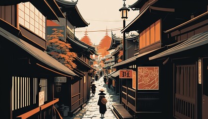 Fototapeta premium Kyoto from japan illustration Abstract colorful Background Landscape of mountains, Sakura trees, illustration, gradient colors, dreamy background, Japanese buildings silhouette foreground.