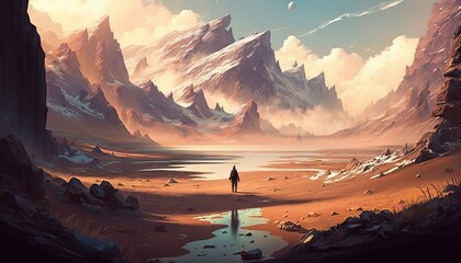 Traveler in a Fantasy world Landscape illustration, Mountains and big clouds, concept art, adventure