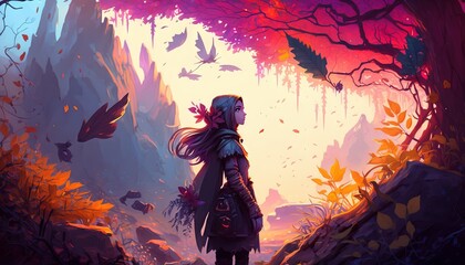 Girl in an adventure in a fantasy world, in a colorful forest, concept art, digital illustration, mountain