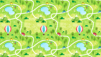 新緑の山道を走る車のパターン背景 シームレスな水彩風景イラスト