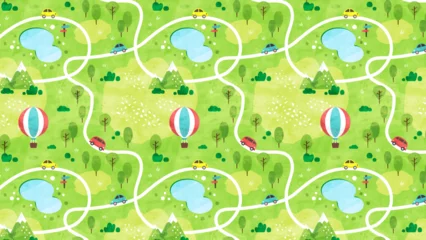 Deurstickers 新緑の山道を走る車のパターン背景 シームレスな水彩風景イラスト © soo.