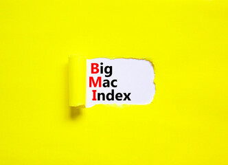 BMI big mac index symbol. Concept words BMI big mac index on white paper on a beautiful yellow...