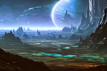 Extraterrestrial landscape, scenery of alien planet in deep space. AI generated illustration