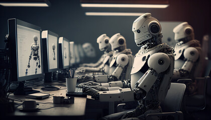 Robot at work, futuristic office with many humanoid robot at desktop, artificial intelligence. Generative AI illustration